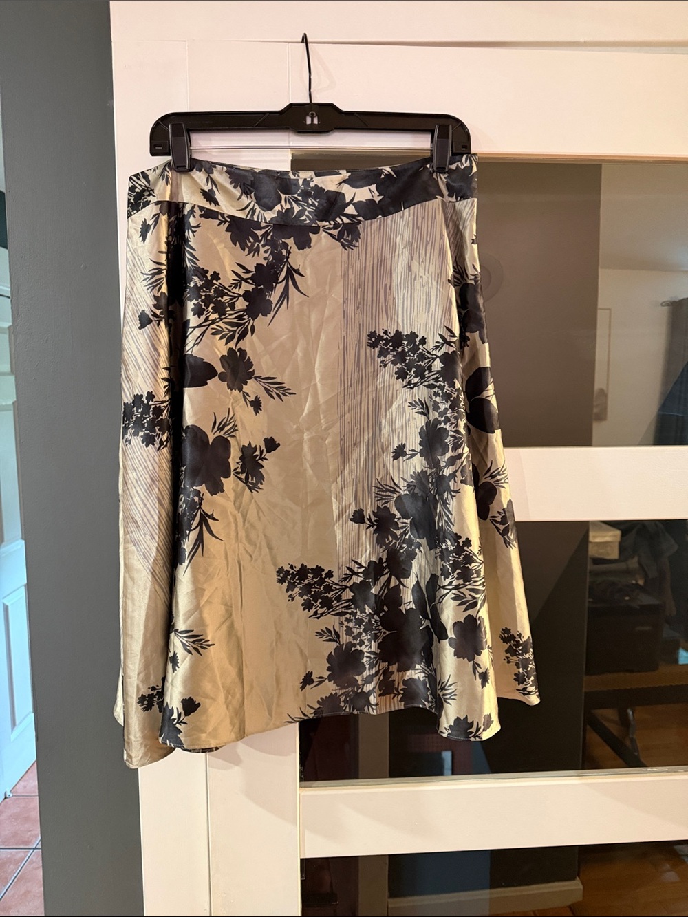 Floral A-Line Silk Skirt in Silver and Black